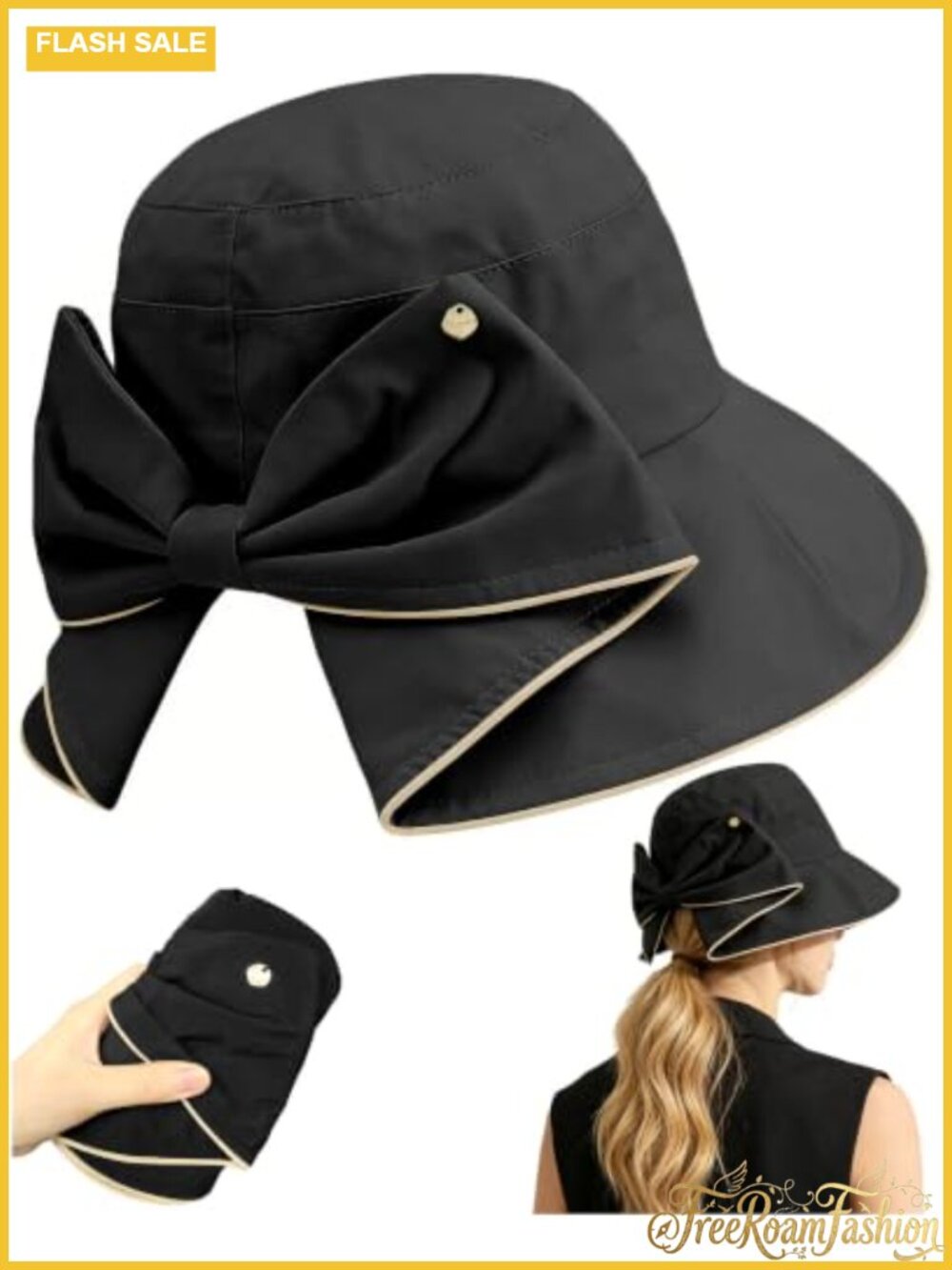 Women's Foldable Wide Brim Bowknot Bucket Hat Sun Protective Packable